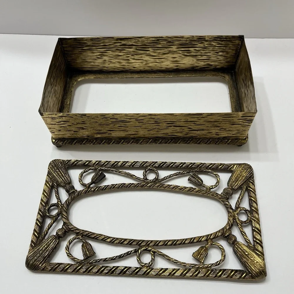 Vintage MCM Brass Tissue Box Cover Hollywood Regency Gold Filigree Tassels